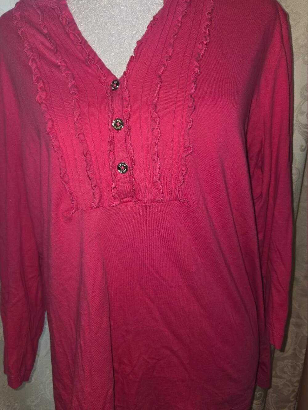 Chaps Pink Ruffled V-Neck Long Sleeve Top